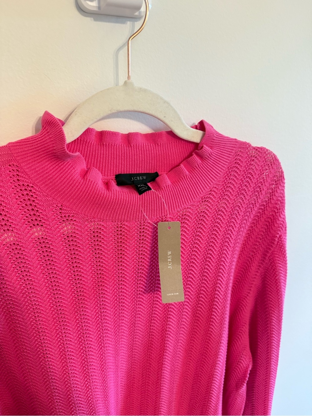 J. CREW • Hot Pink Pointelle Sweater XXL NWT Ruffle Mock Neck Sweater Preppy - Picture 3 of 8